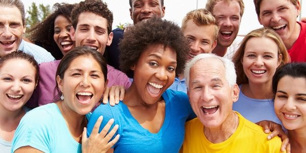 Diverse group of smiling people in colorful casual clothing